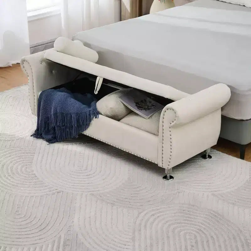 Okak Luxury Soft Velvet Tufting Storage Bench with Crystal Buttons & Pillow,Upholstered Footrest Bench for Bedroom,Hallway