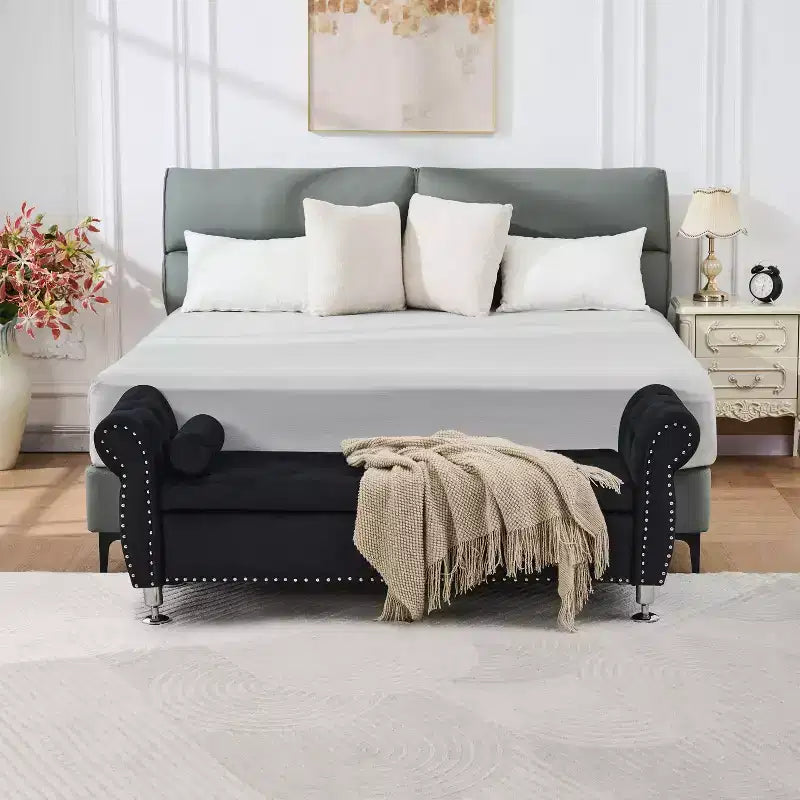 Okak Luxury Soft Velvet Tufting Storage Bench with Crystal Buttons & Pillow,Upholstered Footrest Bench for Bedroom,Hallway