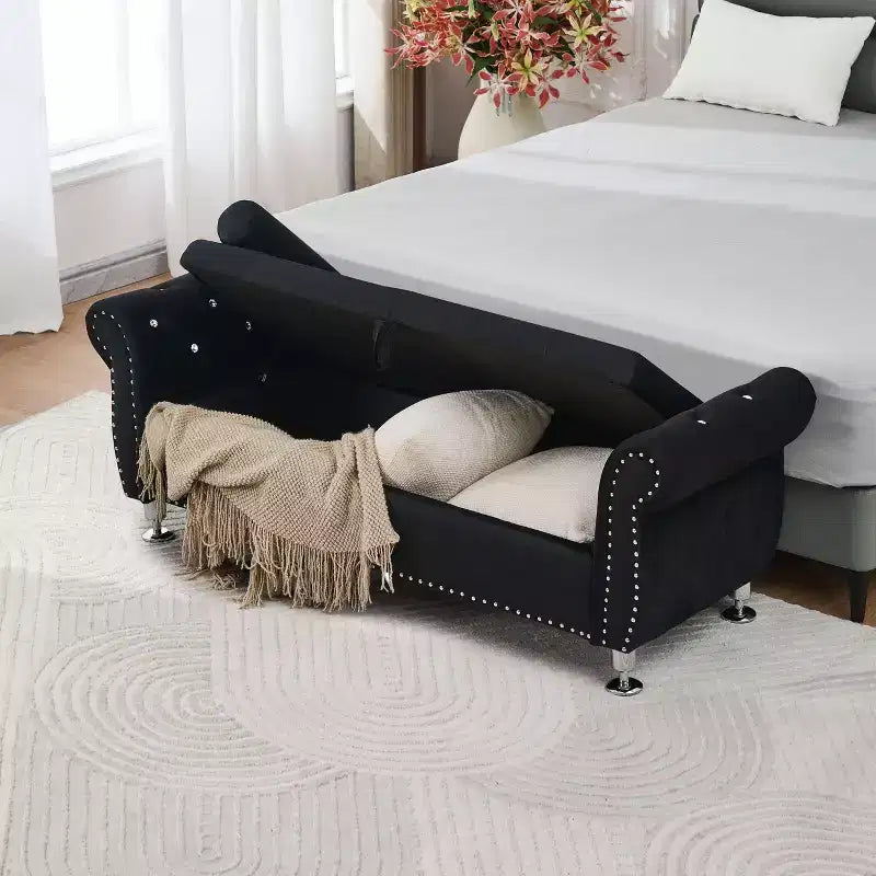 Okak Luxury Soft Velvet Tufting Storage Bench with Crystal Buttons & Pillow,Upholstered Footrest Bench for Bedroom,Hallway