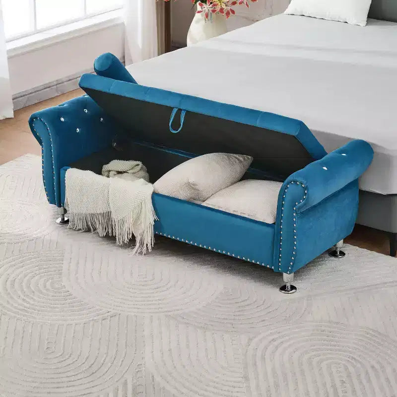 Okak Luxury Soft Velvet Tufting Storage Bench with Crystal Buttons & Pillow,Upholstered Footrest Bench for Bedroom,Hallway