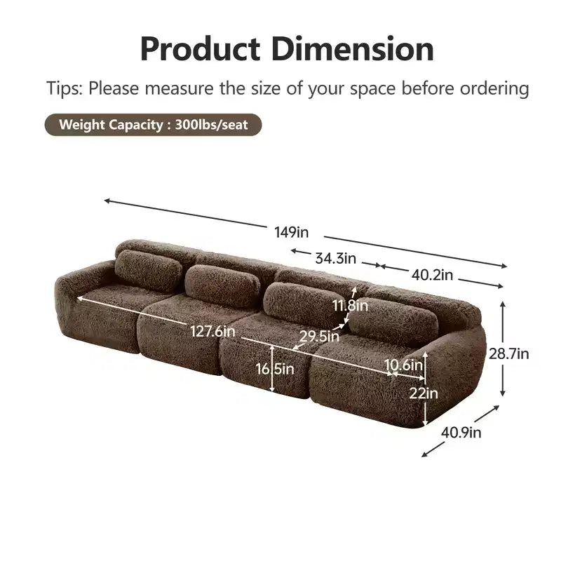 149'' Soft Plush Boneless Sofa,32D HD Sponge,Ergonomic Design,Vacuum Packaging,Free Combination,Buckle Connection for Bedroom/Study/Home Theater