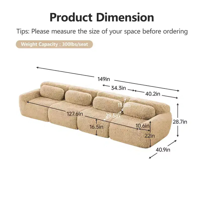 149'' Soft Plush Boneless Sofa,32D HD Sponge,Ergonomic Design,Vacuum Packaging,Free Combination,Buckle Connection for Bedroom/Study/Home Theater