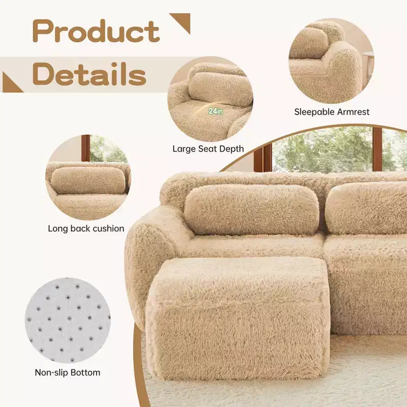 149'' Soft Plush Boneless Sofa,32D HD Sponge,Ergonomic Design,Vacuum Packaging,Free Combination,Buckle Connection for Bedroom/Study/Home Theater