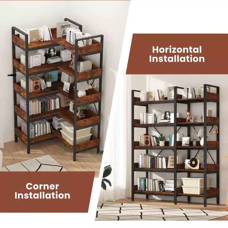 5-Tier Bookshelf, Reversible L-Shaped Corner Bookshelf, 65 Industrial Metal Storage Rack with 10 Open Shelves, Adjustable Etagere for Home & Office