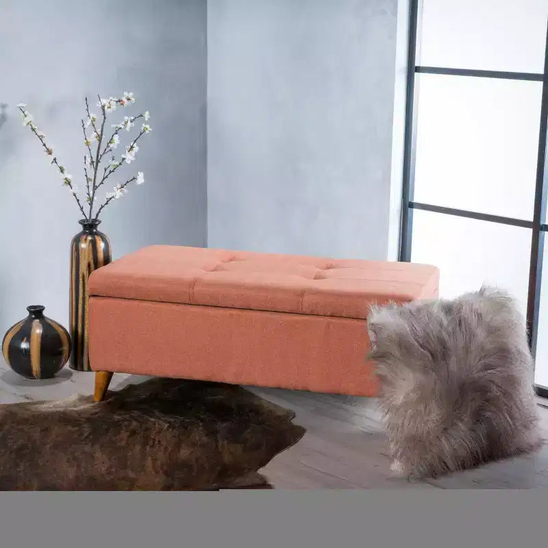 Pouf Contenitore Ainsley Tufted Okak con Bottoni, Panca Contenitore con Coperchio a Cerniera e Gambe in Legno Massello, Panca da Ingresso per Soggiorno, Camera da Letto