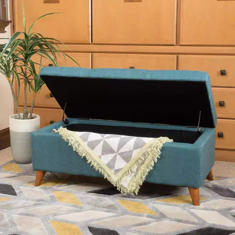 Pouf Contenitore Ainsley Tufted Okak con Bottoni, Panca Contenitore con Coperchio a Cerniera e Gambe in Legno Massello, Panca da Ingresso per Soggiorno, Camera da Letto