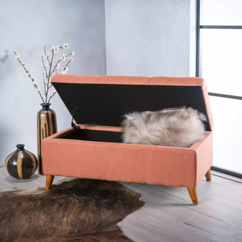 Pouf Contenitore Ainsley Tufted Okak con Bottoni, Panca Contenitore con Coperchio a Cerniera e Gambe in Legno Massello, Panca da Ingresso per Soggiorno, Camera da Letto