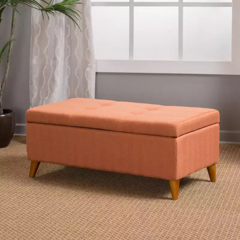 Okak Tufted Ainsley Button Ottoman with Storage, Storage Bench with Hinged Lid and Solid Wood Legs, Entryway Bench for Living Room, Bedroom