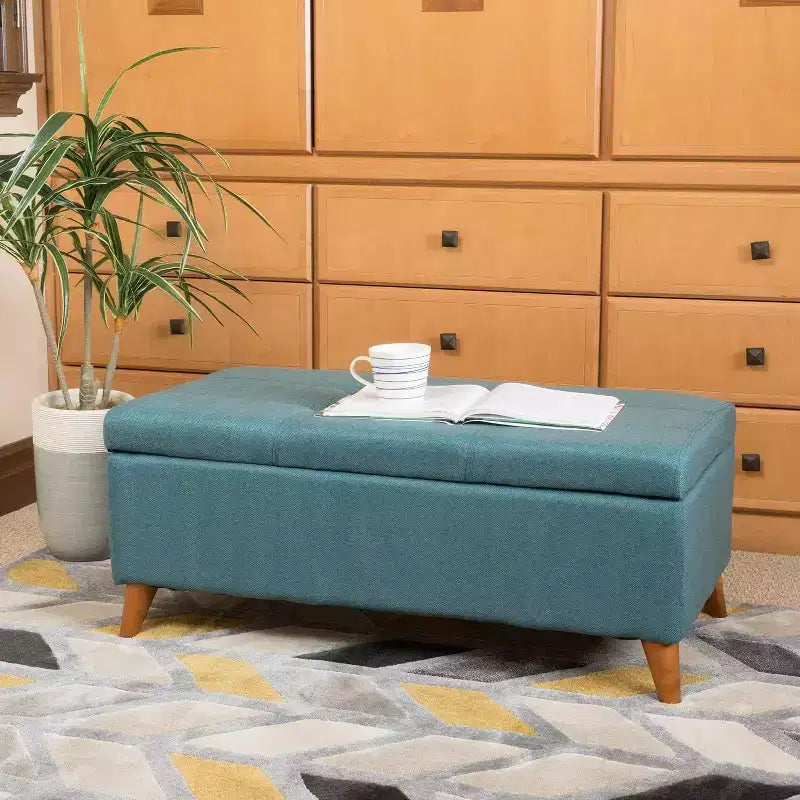 Okak Tufted Ainsley Button Ottoman with Storage, Storage Bench with Hinged Lid and Solid Wood Legs, Entryway Bench for Living Room, Bedroom