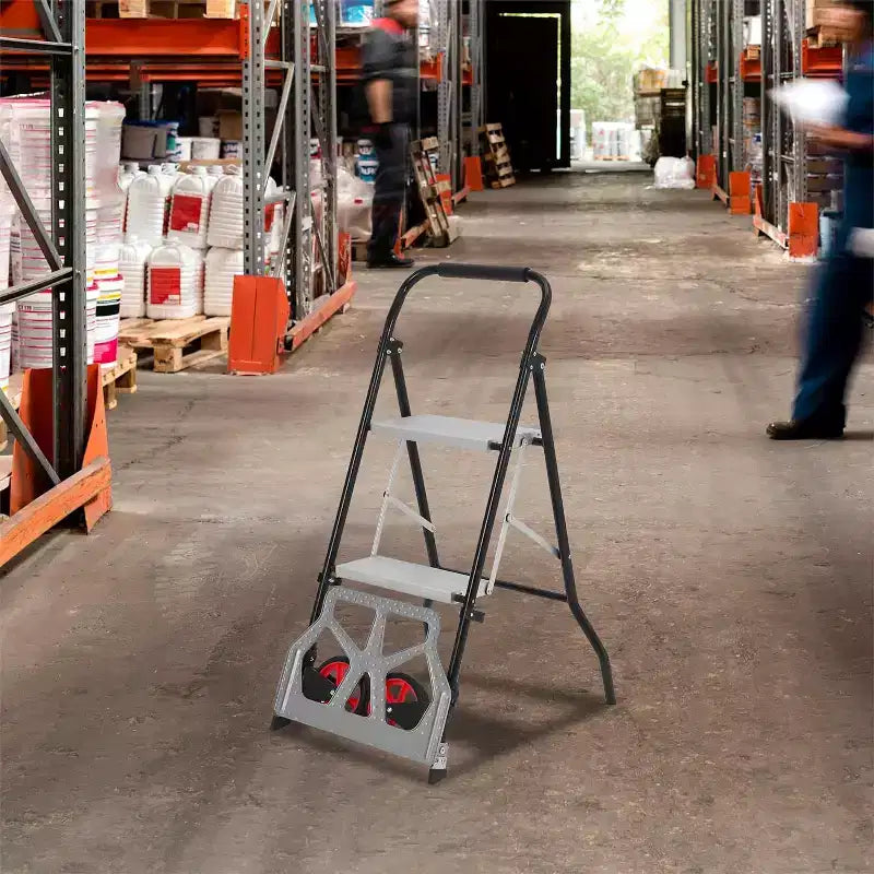 COZONY Aluminum Hand Truck, 2 in 1 Folding 2 Step Ladder w/ Wide Anti Slip Pedal, 220 Lbs Capacity Multifunctional Collapsible Dolly Cart with Wheels