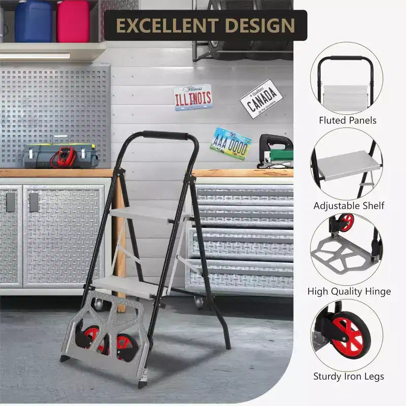 Carrello a mano in alluminio COZONY, scala pieghevole a 2 gradini 2 in 1 con ampio pedale antiscivolo, carrello pieghevole multifunzionale con ruote e capacità di 100 kg