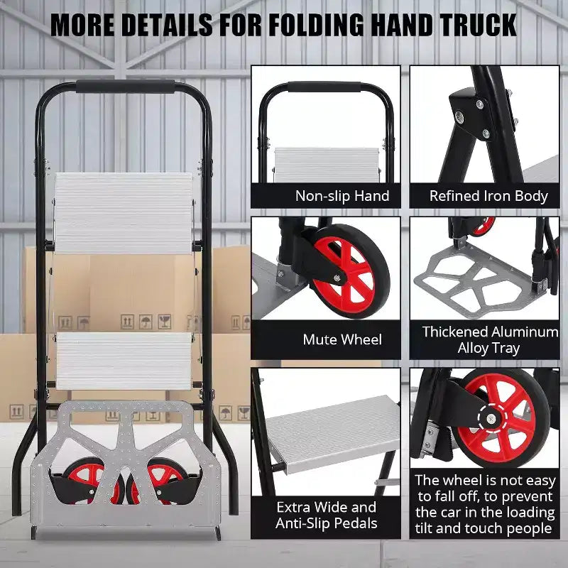 Carrello a mano in alluminio COZONY, scala pieghevole a 2 gradini 2 in 1 con ampio pedale antiscivolo, carrello pieghevole multifunzionale con ruote e capacità di 100 kg
