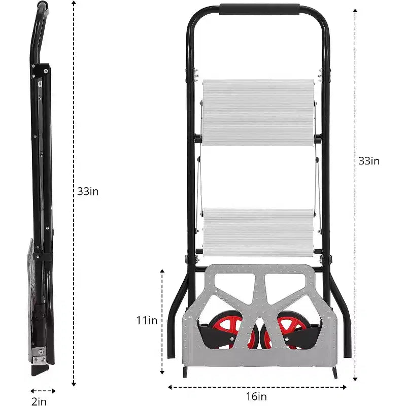 Carrello a mano in alluminio COZONY, scala pieghevole a 2 gradini 2 in 1 con ampio pedale antiscivolo, carrello pieghevole multifunzionale con ruote e capacità di 100 kg