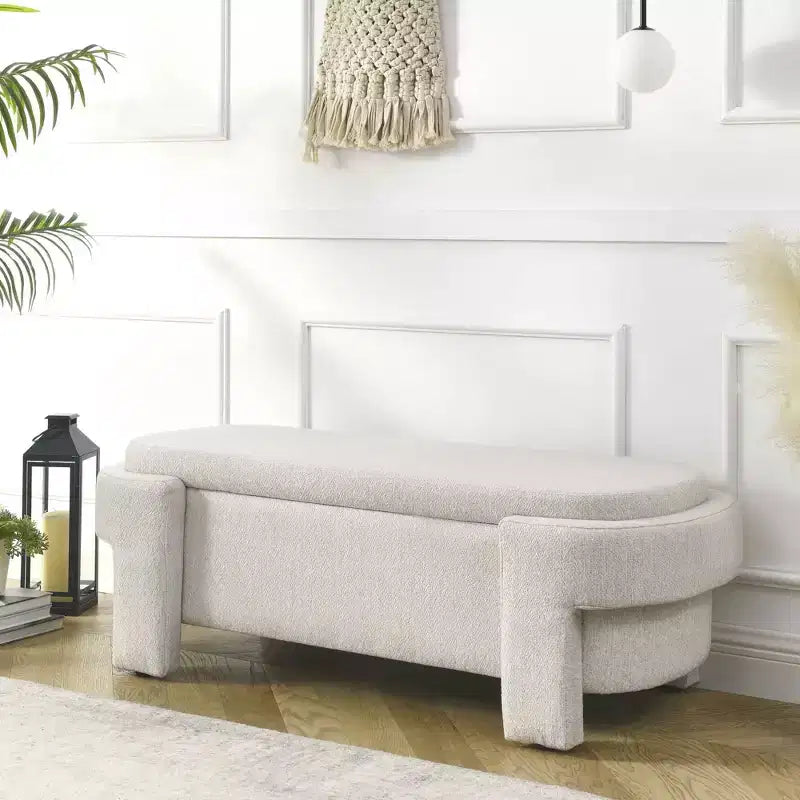 Linen Fabric Upholstered Bench with Large Storage Space for Living Room Bedroom Entryway Beige