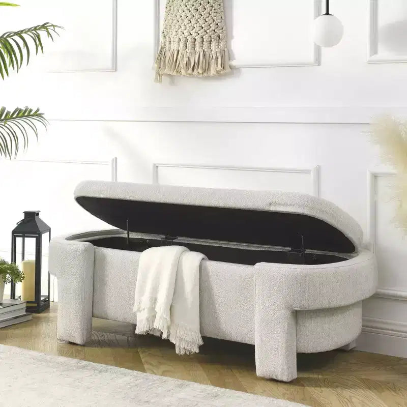 Linen Fabric Upholstered Bench with Large Storage Space for Living Room Bedroom Entryway Beige