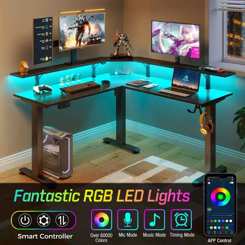 Scrivania per computer a L regolabile in altezza Greenstell con luci LED ambientali e porte di ricarica - Scrivania ergonomica a doppio uso