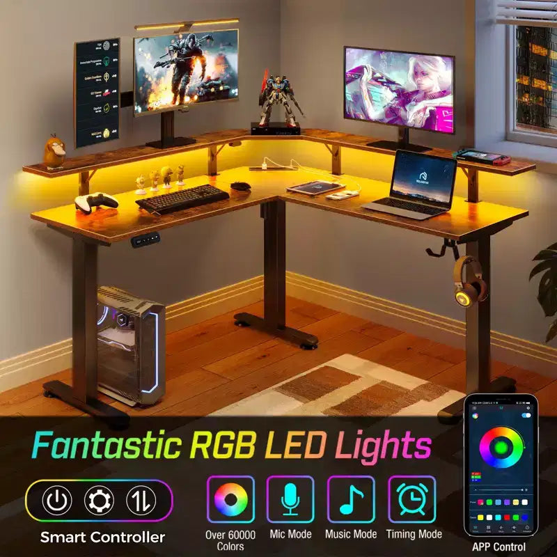 Scrivania per computer a L regolabile in altezza Greenstell con luci LED ambientali e porte di ricarica - Scrivania ergonomica a doppio uso