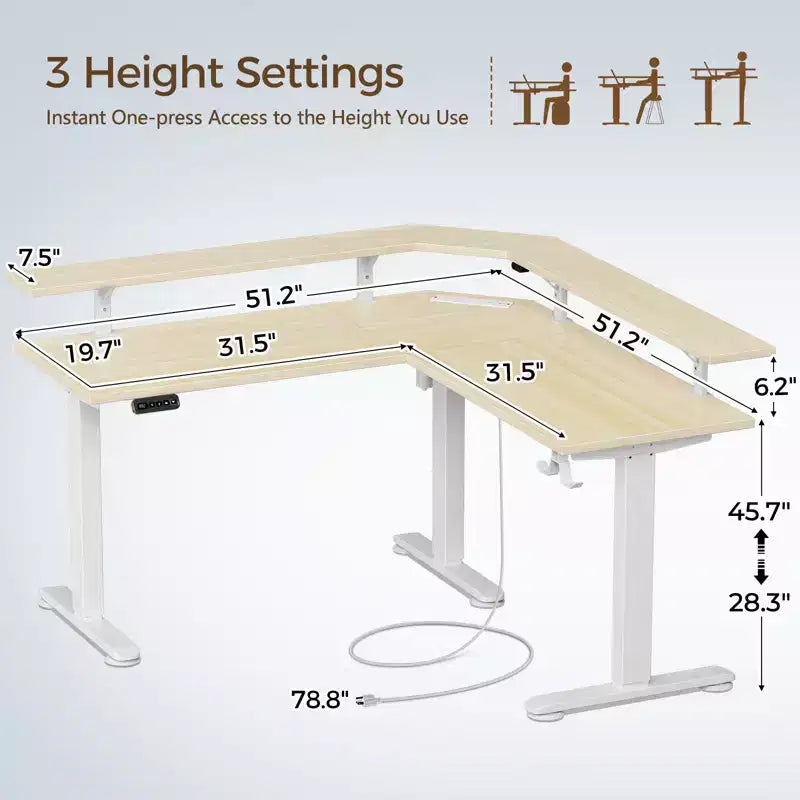 Greenstell Height-Adjustable L-Shaped Computer Desk with Ambient LED Lights & Charging Ports - Ergonomic Dual-Use Desk