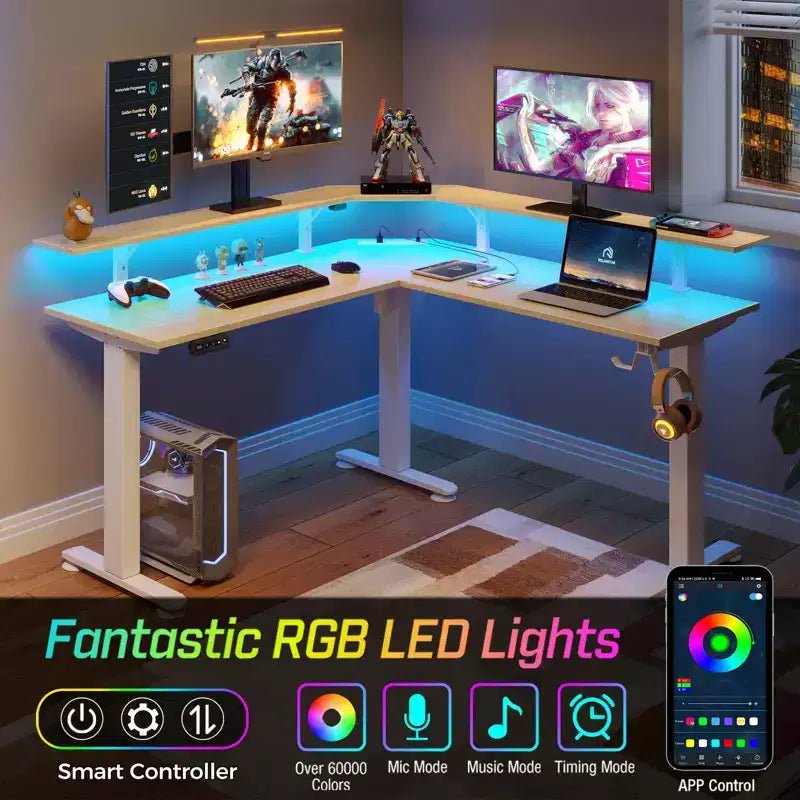 Scrivania per computer a L regolabile in altezza Greenstell con luci LED ambientali e porte di ricarica - Scrivania ergonomica a doppio uso