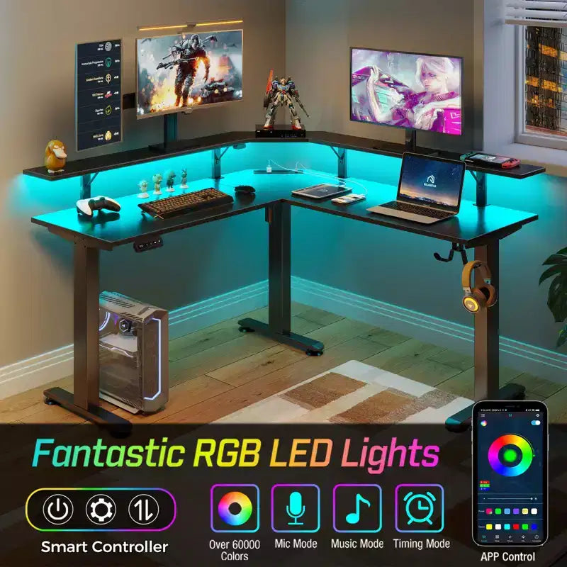 Scrivania per computer a L regolabile in altezza Greenstell con luci LED ambientali e porte di ricarica - Scrivania ergonomica a doppio uso