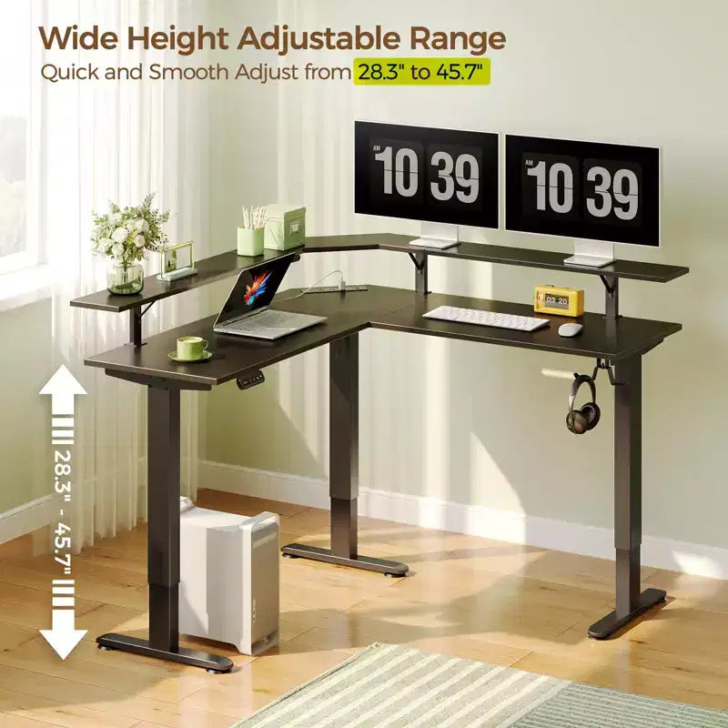 Scrivania per computer a L regolabile in altezza Greenstell con luci LED ambientali e porte di ricarica - Scrivania ergonomica a doppio uso