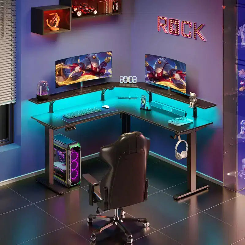 Greenstell Height-Adjustable L-Shaped Computer Desk with Ambient LED Lights & Charging Ports - Ergonomic Dual-Use Desk