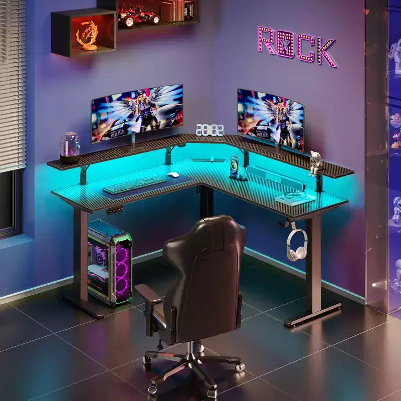 Greenstell Height-Adjustable L-Shaped Computer Desk with Ambient LED Lights & Charging Ports - Ergonomic Dual-Use Desk