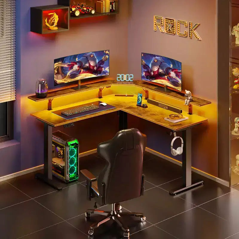 Greenstell Height-Adjustable L-Shaped Computer Desk with Ambient LED Lights & Charging Ports - Ergonomic Dual-Use Desk