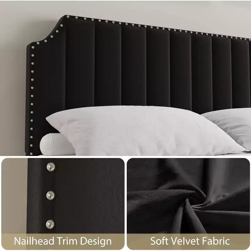 Queen Size Platform Bed Frame with 50.2 Headboard, Velvet Upholstered Bed Frame Queen with Headboard & Footboard, Nailhead Trim, Grey