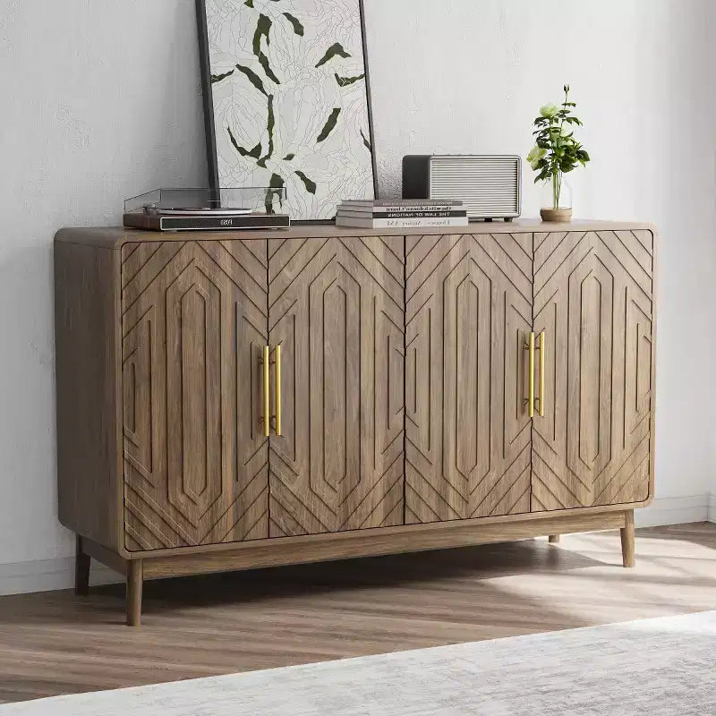 Mid-Century Modern 4-Door Sideboard Buffet, Walnut Credenza with Carved Geometric Pattern