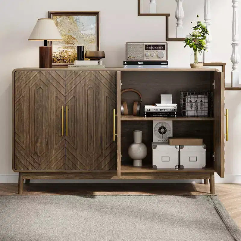 Mid-Century Modern 4-Door Sideboard Buffet, Walnut Credenza with Carved Geometric Pattern