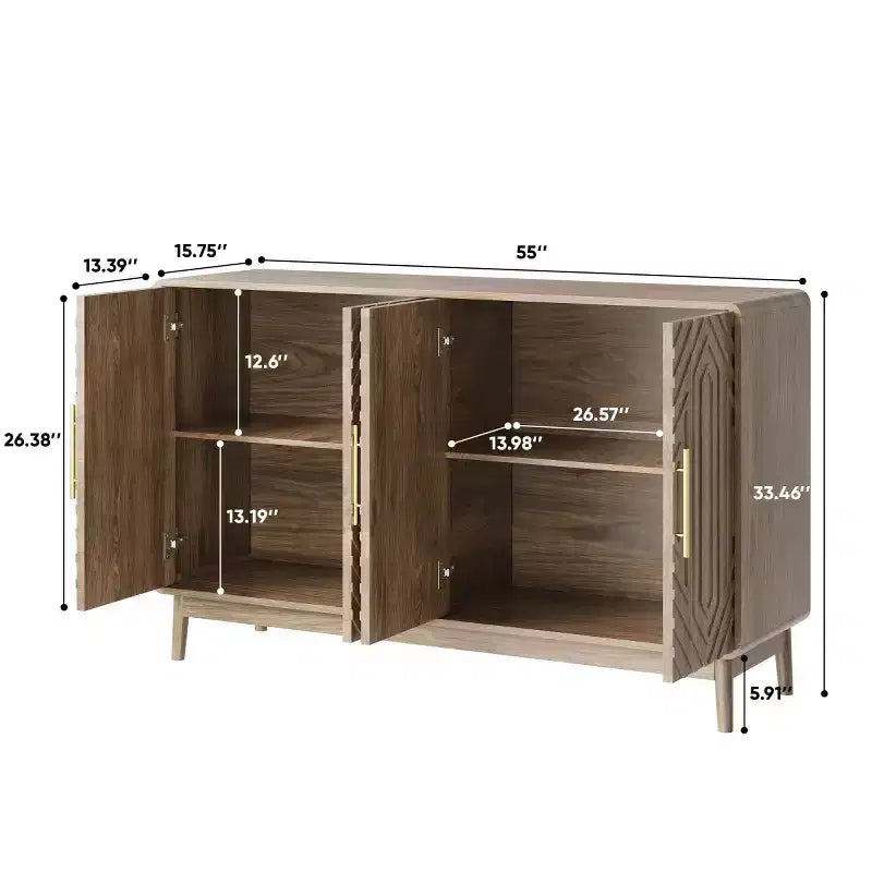 Madia a 4 ante Mid-Century Modern, credenza in noce con motivo geometrico intagliato