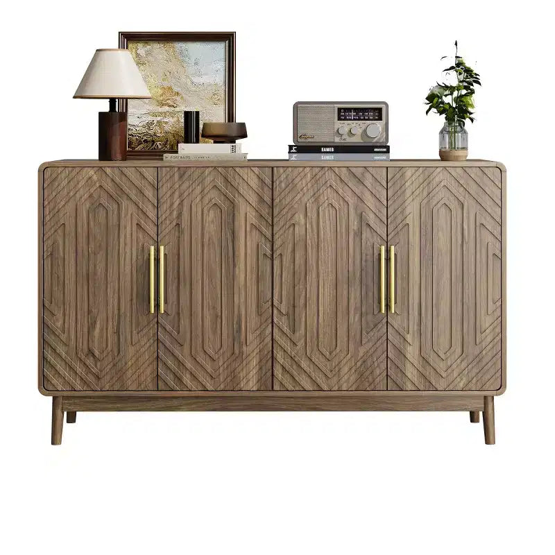 Mid-Century Modern 4-Door Sideboard Buffet, Walnut Credenza with Carved Geometric Pattern
