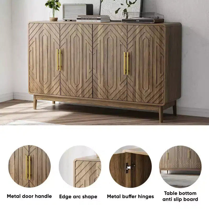 Madia a 4 ante Mid-Century Modern, credenza in noce con motivo geometrico intagliato