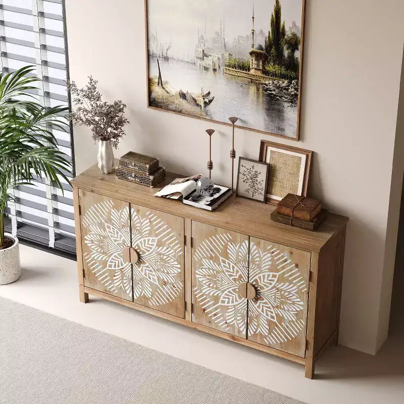 60" Boho Brown 4-Door Sideboard Buffet Cabinet with White Floral Mandala Pattern