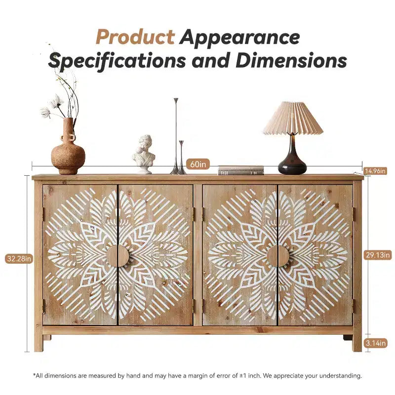 60" Boho Brown 4-Door Sideboard Buffet Cabinet with White Floral Mandala Pattern