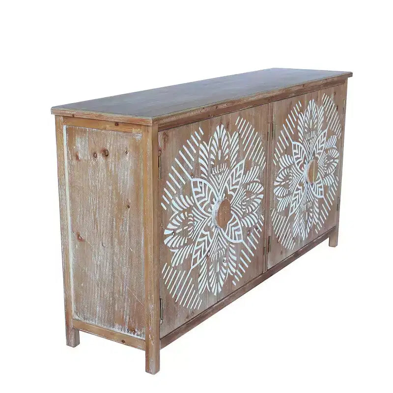 60" Boho Brown 4-Door Sideboard Buffet Cabinet with White Floral Mandala Pattern