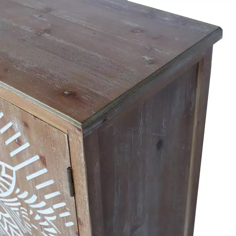 60" Boho Brown 4-Door Sideboard Buffet Cabinet with White Floral Mandala Pattern