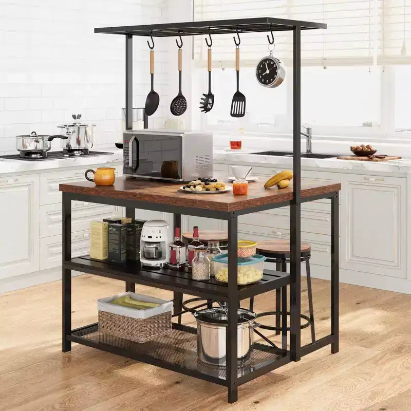 47in Baker Rack with Power Outlet, Wood Finish Kitchen Island with Storage, Microwave Stand for Kitchen, Dining, and Living Room
