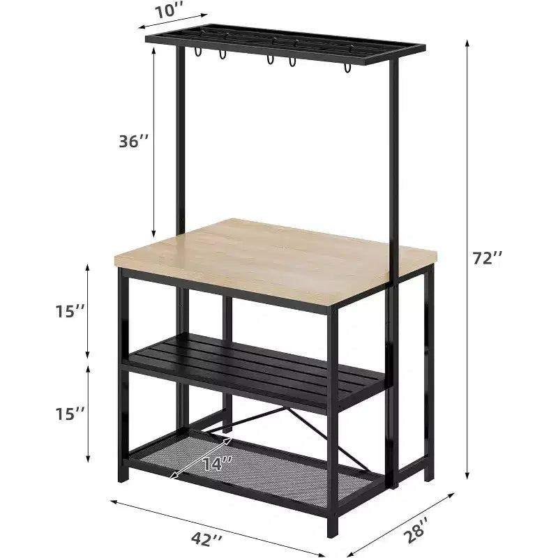 47in Baker Rack with Power Outlet, Wood Finish Kitchen Island with Storage, Microwave Stand for Kitchen, Dining, and Living Room