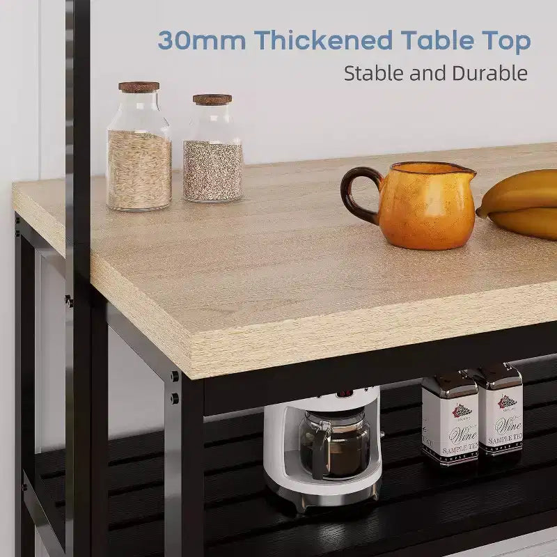 47in Baker Rack with Power Outlet, Wood Finish Kitchen Island with Storage, Microwave Stand for Kitchen, Dining, and Living Room