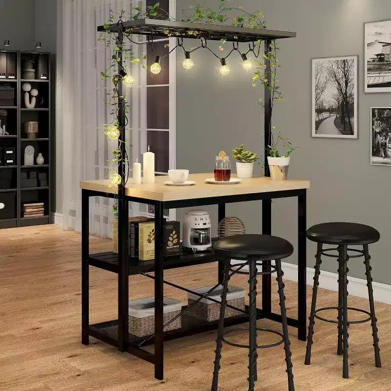 47in Baker Rack with Power Outlet, Wood Finish Kitchen Island with Storage, Microwave Stand for Kitchen, Dining, and Living Room