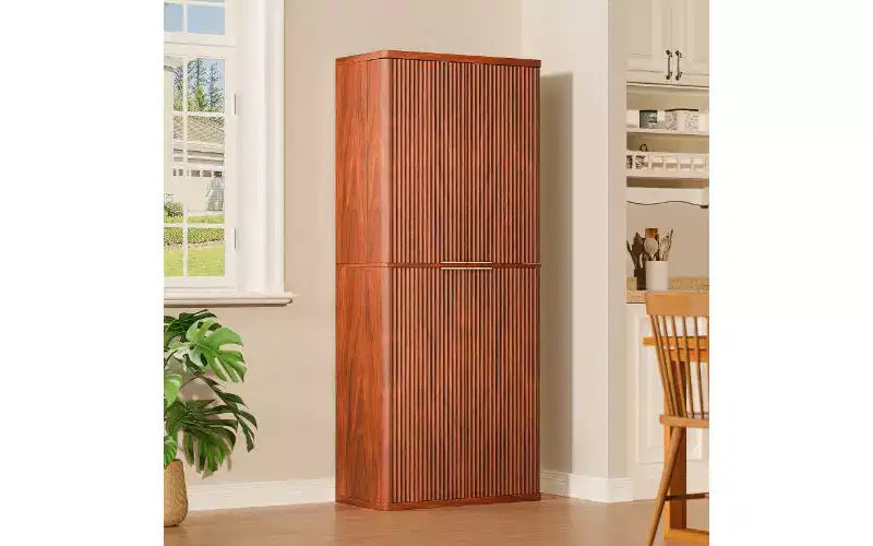 TUYOHW Fluted Tall Pantry Cabinet, 6-Shelf Kitchen Storage Cabinet with Anti-Fall Device, Wooden Kitchen Cabinet, Versatile Cupboard for Kitchen