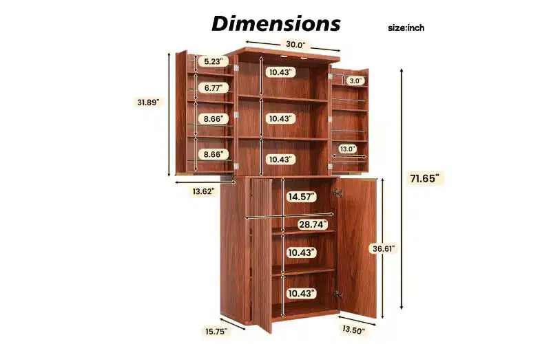 Mobile dispensa alto scanalato, mobiletto da cucina a 6 ripiani con dispositivo anti-caduta, 183 cm di altezza