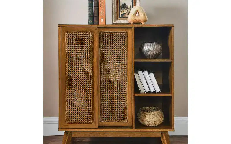 Vintage Rattan Sideboard Cabinet, MDF Buffet with 3 Open Tiers & 2 Adjustable Hidden Shelves