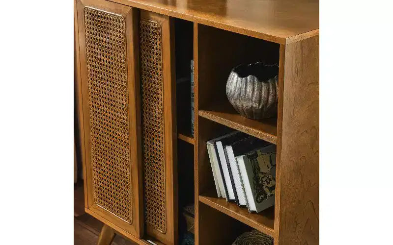 Vintage Rattan Sideboard Cabinet, MDF Buffet with 3 Open Tiers & 2 Adjustable Hidden Shelves