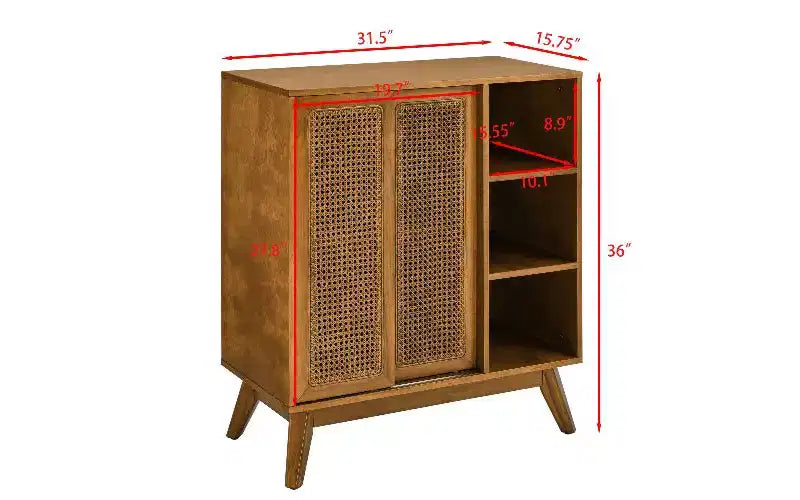 Vintage Rattan Sideboard Cabinet, MDF Buffet with 3 Open Tiers & 2 Adjustable Hidden Shelves