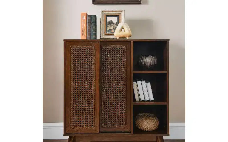 Vintage Rattan Sideboard Cabinet, MDF Buffet with 3 Open Tiers & 2 Adjustable Hidden Shelves