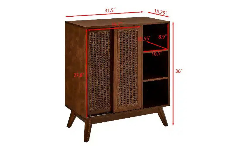 Credenza in Rattan Vintage, Buffet in MDF con 3 Ripiani a Giorno e 2 Ripiani Nascosti Regolabili