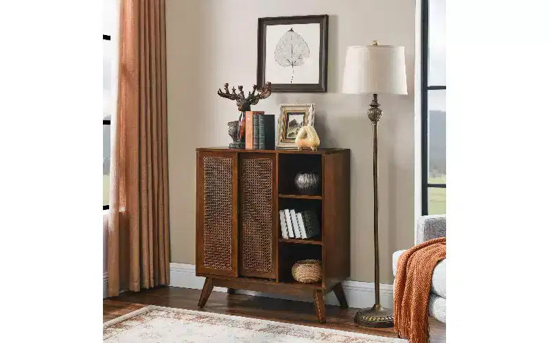 Vintage Rattan Sideboard Cabinet, MDF Buffet with 3 Open Tiers & 2 Adjustable Hidden Shelves